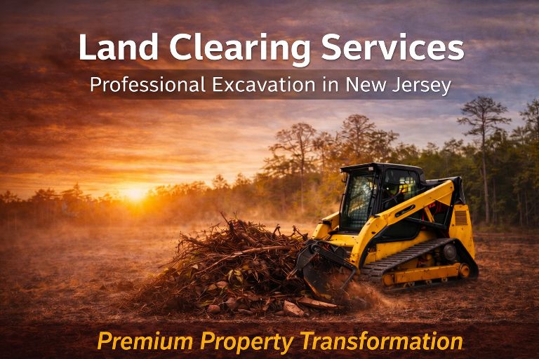 Professional land clearing and brush removal at sunset in New Jersey